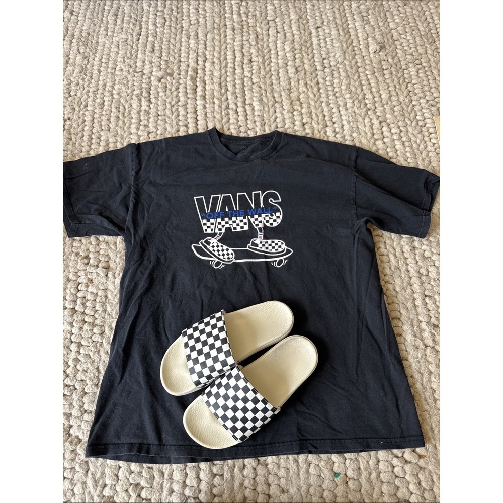 Vans Off The Wall T-shirt XL Black And Vans Slides Fits Like 9